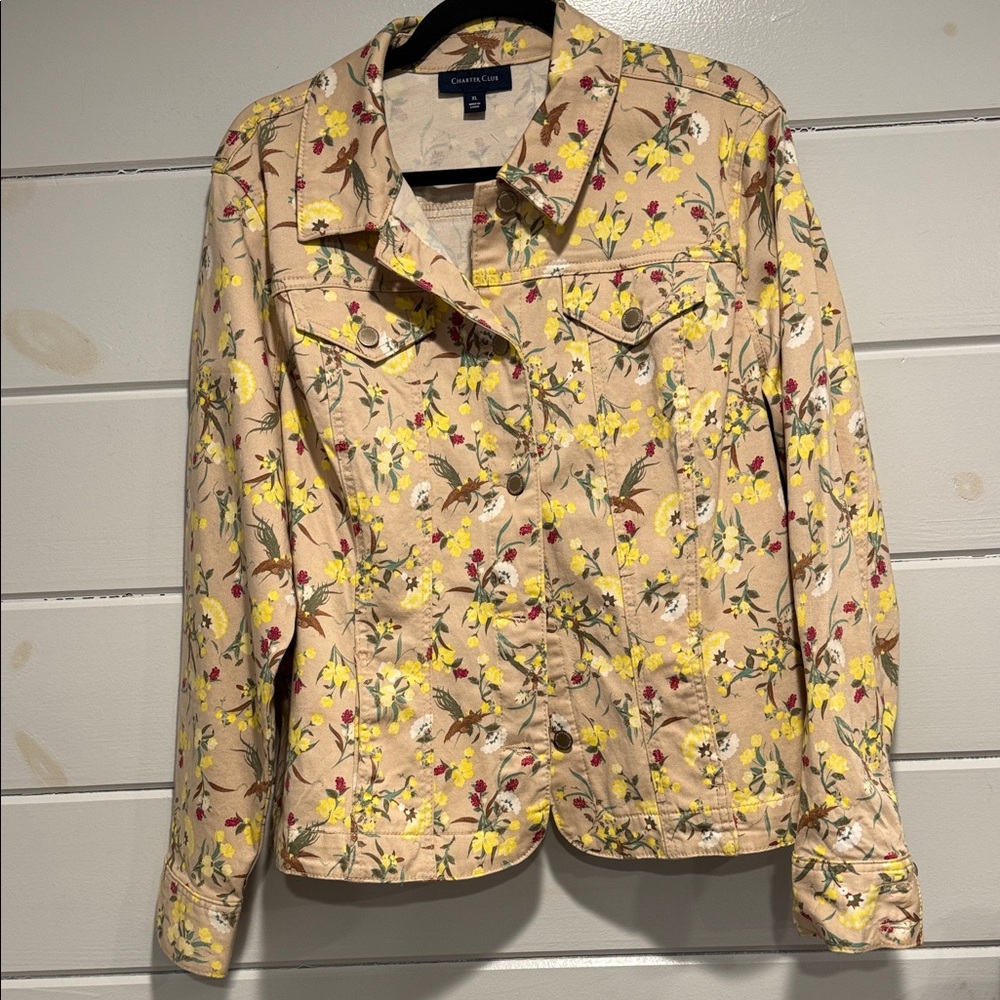 Charter Club Women's Floral Jean Jacket - Yellow and Tan size - XL